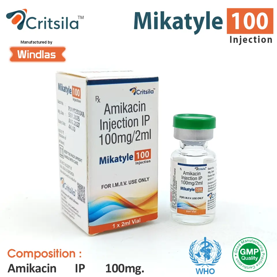 Amikacin (100mg) Injection at Best Price in PCD Pharma Franchise for Antibiotic Use and Bacterial Infection Treatment.